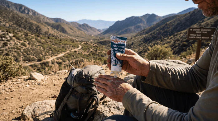 An image of a hiker using NOWATA plant-based, rinse-free soap to clean their hands on a backcountry trail, illustrating no-water hand hygiene that leaves no trace where sinks and clean water aren't available.