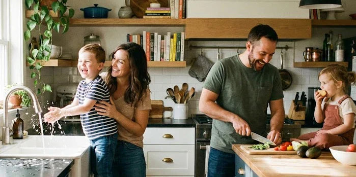 A photo of a mother helping her son wash his hands in a bright kitchen, visualizing the family's choice to switch to healthy, organic, and non-toxic all-natural hand soap available at NowataClean.com.