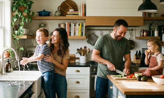 A photo of a mother helping her son wash his hands in a bright kitchen, visualizing the family's choice to switch to healthy, organic, and non-toxic all-natural hand soap available at NowataClean.com.