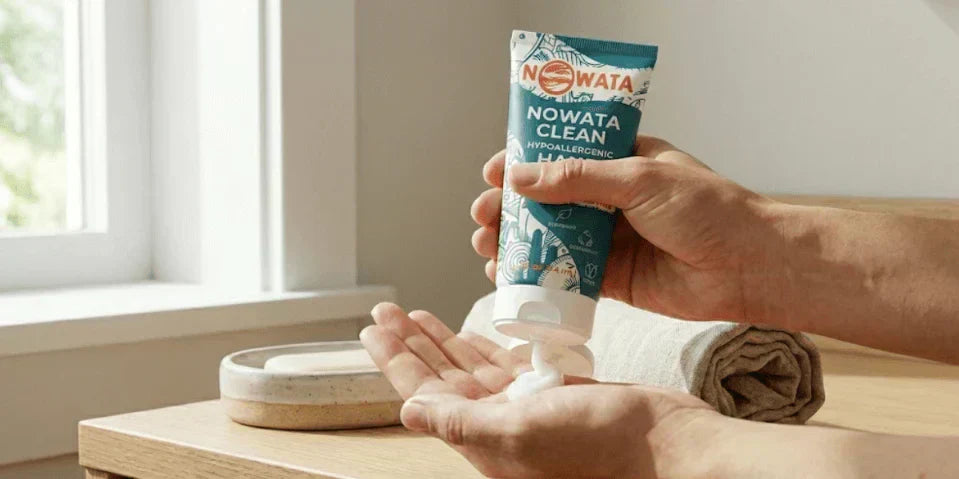 A close-up of a white tube of Nowata Clean non-irritating hypoallergenic hand soap dispensing a thick white paste of a doctor-made plant-based formula onto a rustic wooden surface in a bright, sunlit bathroom setting.