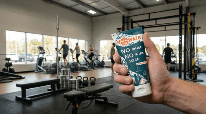 An image of NOWATA No Rinse Soap being held in a busy gym setting.