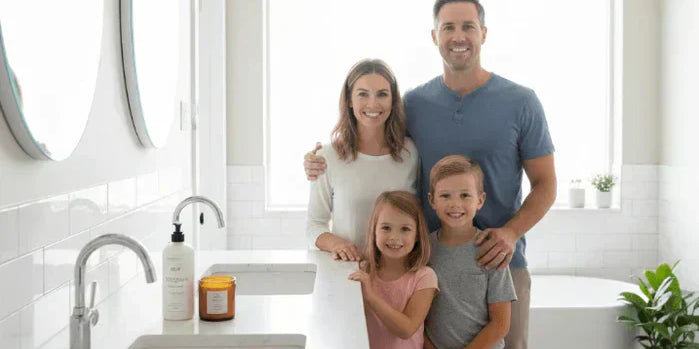 An image of a family smiling while showing off their clean hands in a bathroom, promoting doctor-made, alcohol-free hand sanitizer that works for kids and families, available at NowataClean.com.
