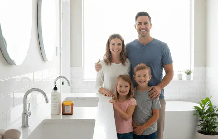 An image of a family smiling while showing off their clean hands in a bathroom, promoting doctor-made, alcohol-free hand sanitizer that works for kids and families, available at NowataClean.com.