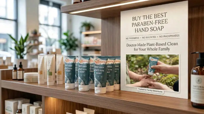 An image of a retail display of natural Nowata No Rinse No Wipe Soap tubes.