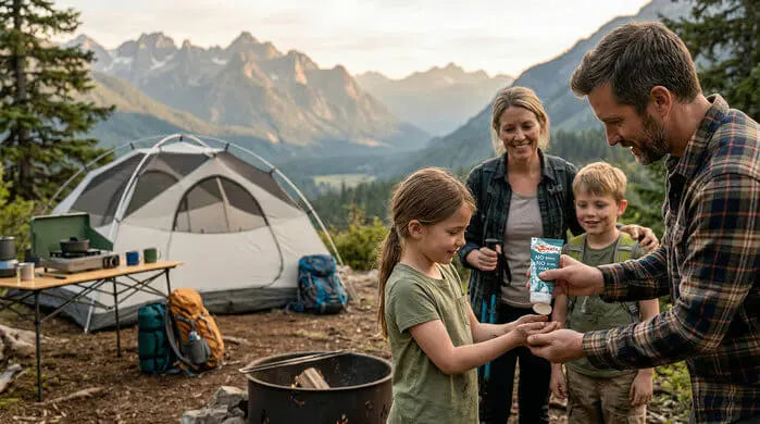 A view of a family using "NOWATA" waterless soap at a mountain campsite with a tent and a vista, illustrating outdoor hygiene.