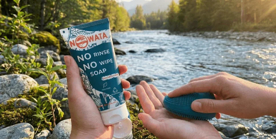 This image highlights the best Sodium Lauryl Sulfate (SLS) free hand soap from NOWATA No Rinse No Wipe Soap, a doctor-made, plant-based formula that's gentle on little hands, now available for sale online at NowataClean.com.