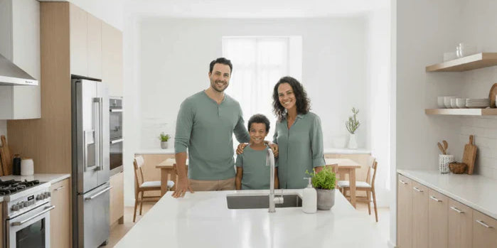 A family with clean hands smiles in a kitchen, representing the plant-based, cruelty-free, zero waste clean is the future. Shop the best vegan hand soap online at NowataClean.com.
