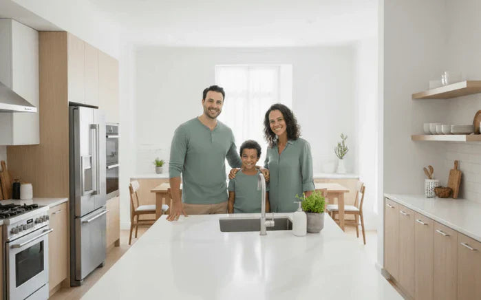 A family with clean hands smiles in a kitchen, representing the plant-based, cruelty-free, zero waste clean is the future. Shop the best vegan hand soap online at NowataClean.com.