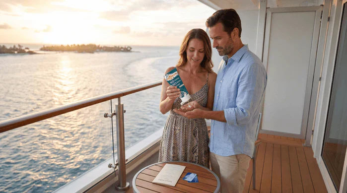 An image of a couple using NOWATA no-rinse soap on a cruise ship balcony before a buffet meal, illustrating cruise norovirus prevention without relying on hand sanitizer dispensers.