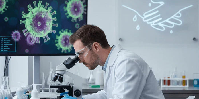 An image of a scientist examining Norovirus specimens under a microscope in a lab, emphasizing that specialized Norovirus hand soap removes the virus