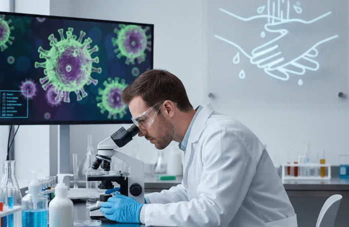 An image of a scientist examining Norovirus specimens under a microscope in a lab, emphasizing that specialized Norovirus hand soap removes the virus
