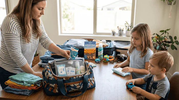 An image of a parent packing NOWATA rinse-free soap into a family travel bag with kids nearby, illustrating a no-water hygiene kit for keeping children healthy on vacation.