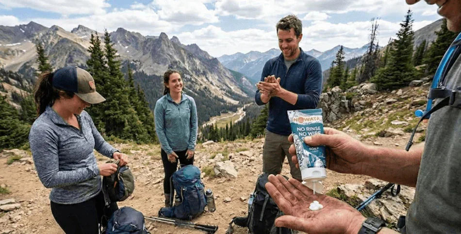 View of hikers dispense Nowata No Rinse No Wipe soap onto their palm for hand and hygiene and infection control while on a mountain trail with a group of friends, where water is not readily available.