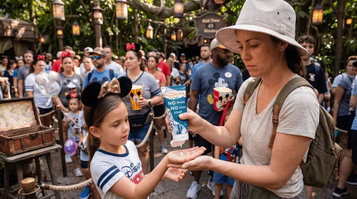 An image of a parent using NOWATA rinse-free soap on a child's hands in a busy Disney theme park ride queue, illustrating no-water family hygiene to prevent norovirus on vacation.