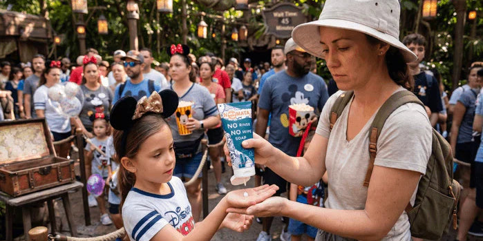 An image of a parent using NOWATA rinse-free soap on a child's hands in a busy Disney theme park ride queue, illustrating no-water family hygiene to prevent norovirus on vacation.