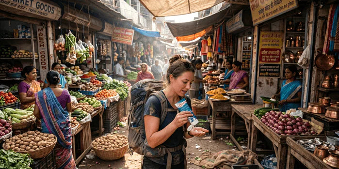 An image of a backpacker using NOWATA plant-based no-rinse soap at a street market in a developing country, illustrating safe hand hygiene when clean tap water is unavailable.