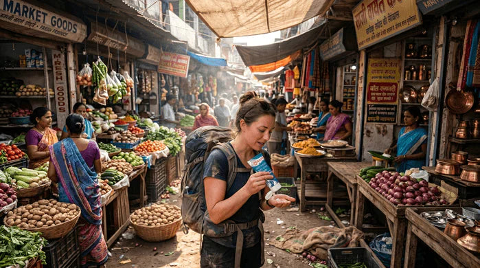 An image of a backpacker using NOWATA plant-based no-rinse soap at a street market in a developing country, illustrating safe hand hygiene when clean tap water is unavailable.