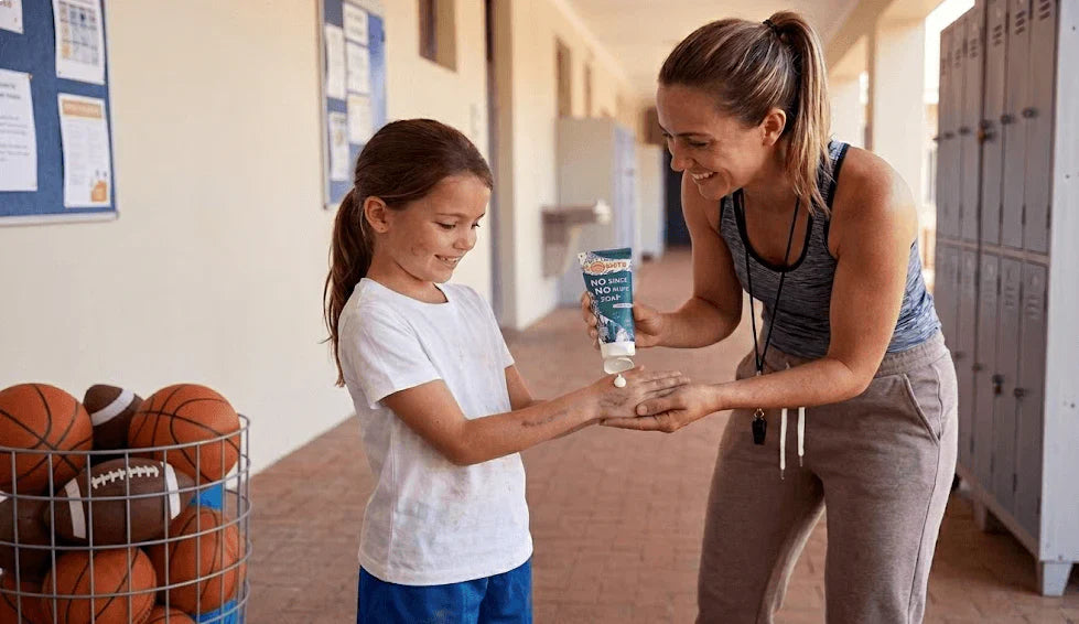 A smiling teacher cleans a student's dirty hands using a no-rinse hand hygiene gel in a school hallway.