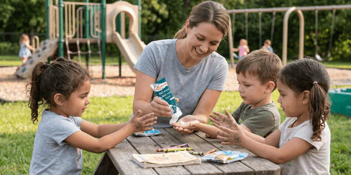 An image of a childcare provider helping preschoolers use NOWATA plant-based, rinse-free soap at a daycare table, illustrating no-water germ prevention for classrooms.