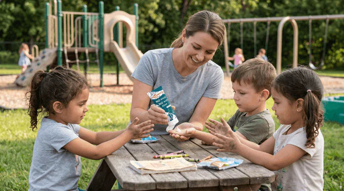 An image of a childcare provider helping preschoolers use NOWATA plant-based, rinse-free soap at a daycare table, illustrating no-water germ prevention for classrooms.