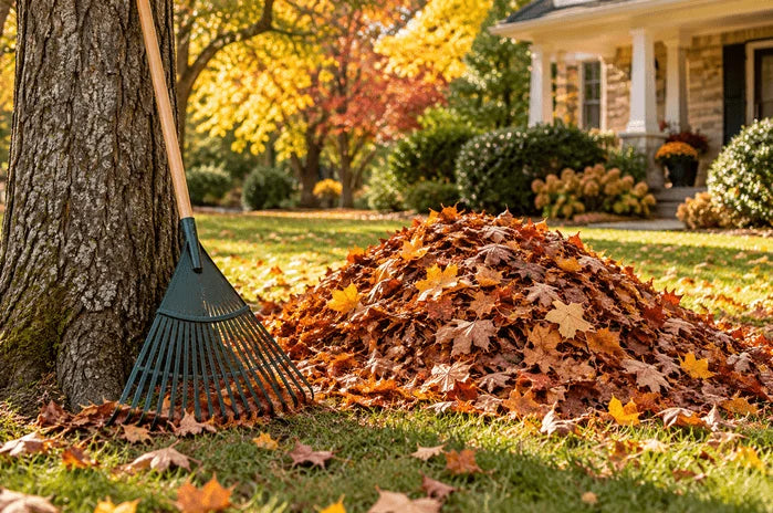 An image of a rake and a pile of autumn leaves on a lawn.