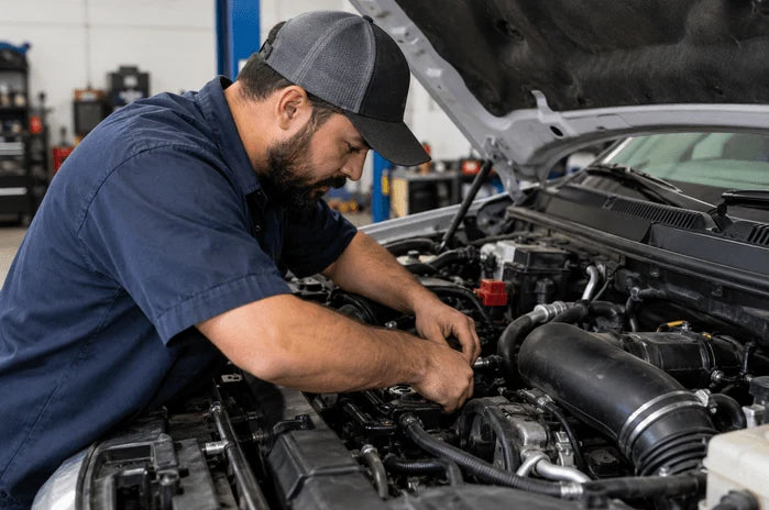 View of a mechanic working under the hood of a pickup truck.