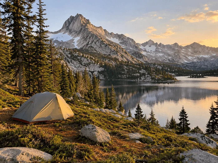 An image of a backpacking tent pitched well back from a mountain lake.