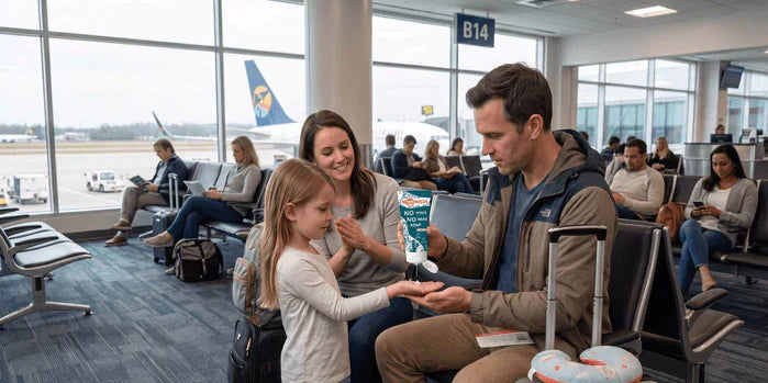 An image of a family using NOWATA plant-based no-rinse soap at an airport gate before a flight, illustrating travel hygiene to prevent norovirus and other stomach bugs while on vacation.