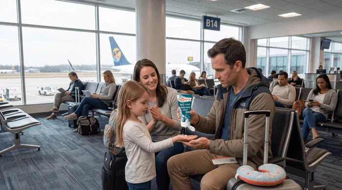 An image of a family using NOWATA plant-based no-rinse soap at an airport gate before a flight, illustrating travel hygiene to prevent norovirus and other stomach bugs while on vacation.