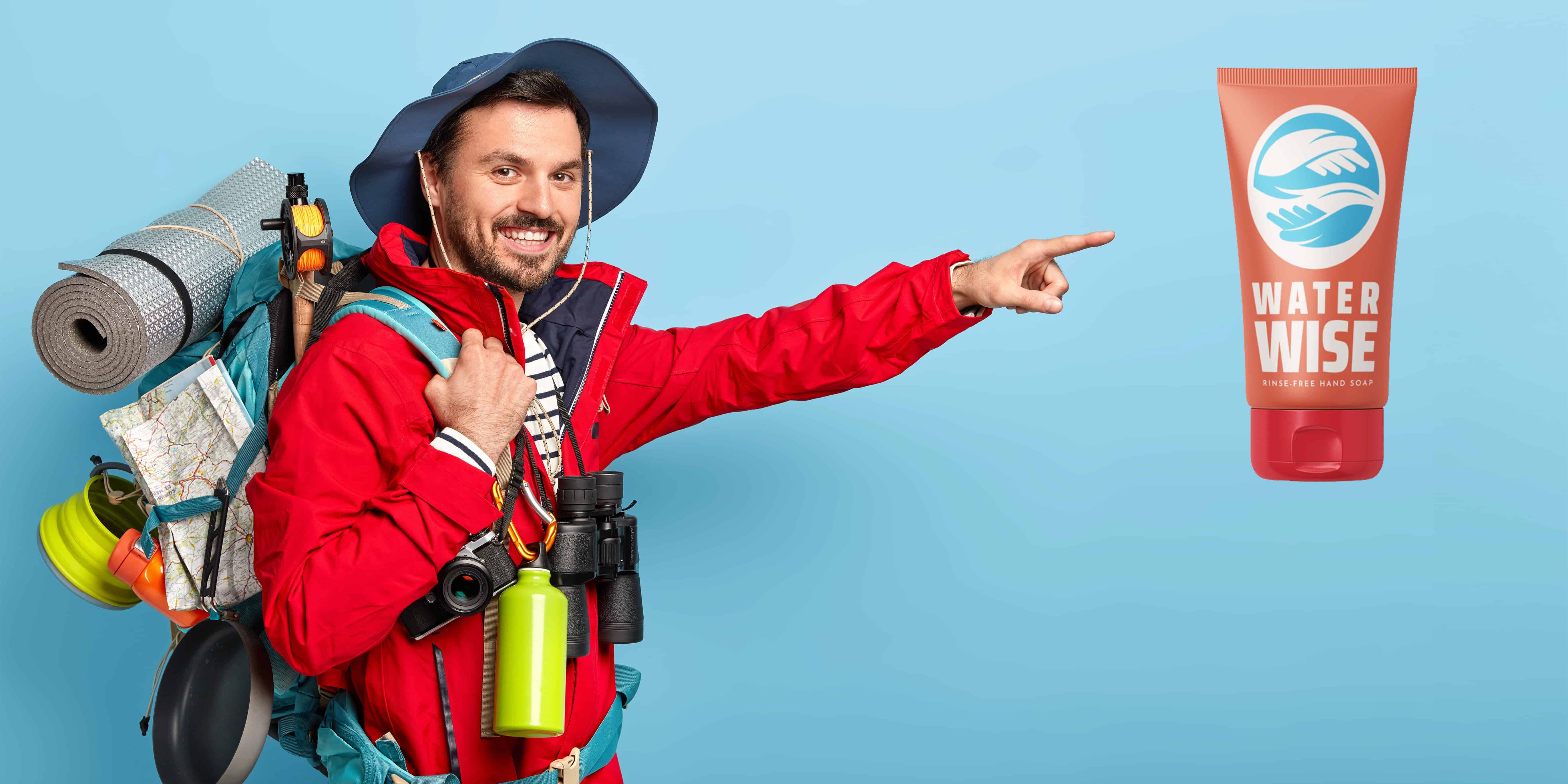 hiker pointing to biodegradable camp soap with his finger