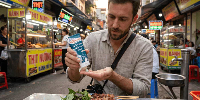 An image of a traveler using NOWATA plant-based no-rinse soap before eating street food abroad, illustrating hand hygiene to help prevent traveler's diarrhea when clean water isn't available.