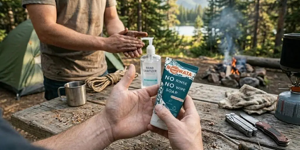 At a rustic campsite, heavily soiled hands hold a tube of waterless soap in the foreground, with another person using hand sanitizer in the background, showing waterless soap is better vs hand sanitizer.