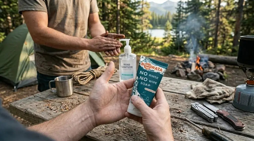 At a rustic campsite, heavily soiled hands hold a tube of waterless soap in the foreground, with another person using hand sanitizer in the background, showing waterless soap is better vs hand sanitizer.