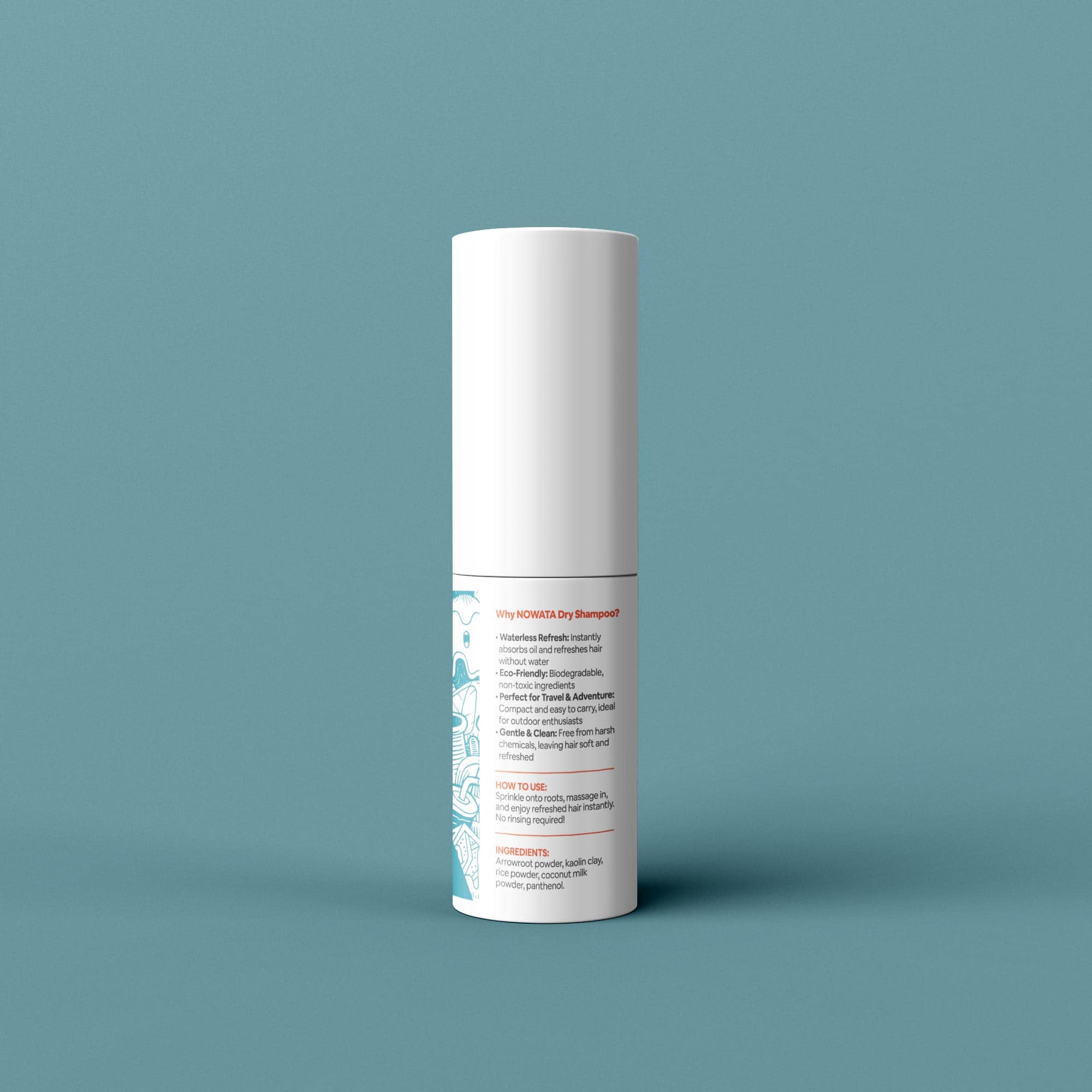NOWTA Dry Shampoo back label showing instructions how to use and list of ingredients Shake the bottle to loosen the powder.
Sprinkle a small amount onto your roots or oily areas of your hair.
Massage gently with your fingers to absorb the excess oil.
Brush or style your hair as desired for a refreshed, voluminous look—no water needed!