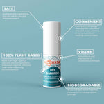 NOWATA dry shampoo front label with logo and benefits: convenient, vegan, biodegradable, 100% plant based, safe for you and for the environment.