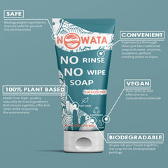 NOWATA Soap No rinse, No wipe soap - front tube panel. Callouts showing unique benefits: convenient, vegan, biodegradable, 100% plant based, safe for skin and for the environment.
