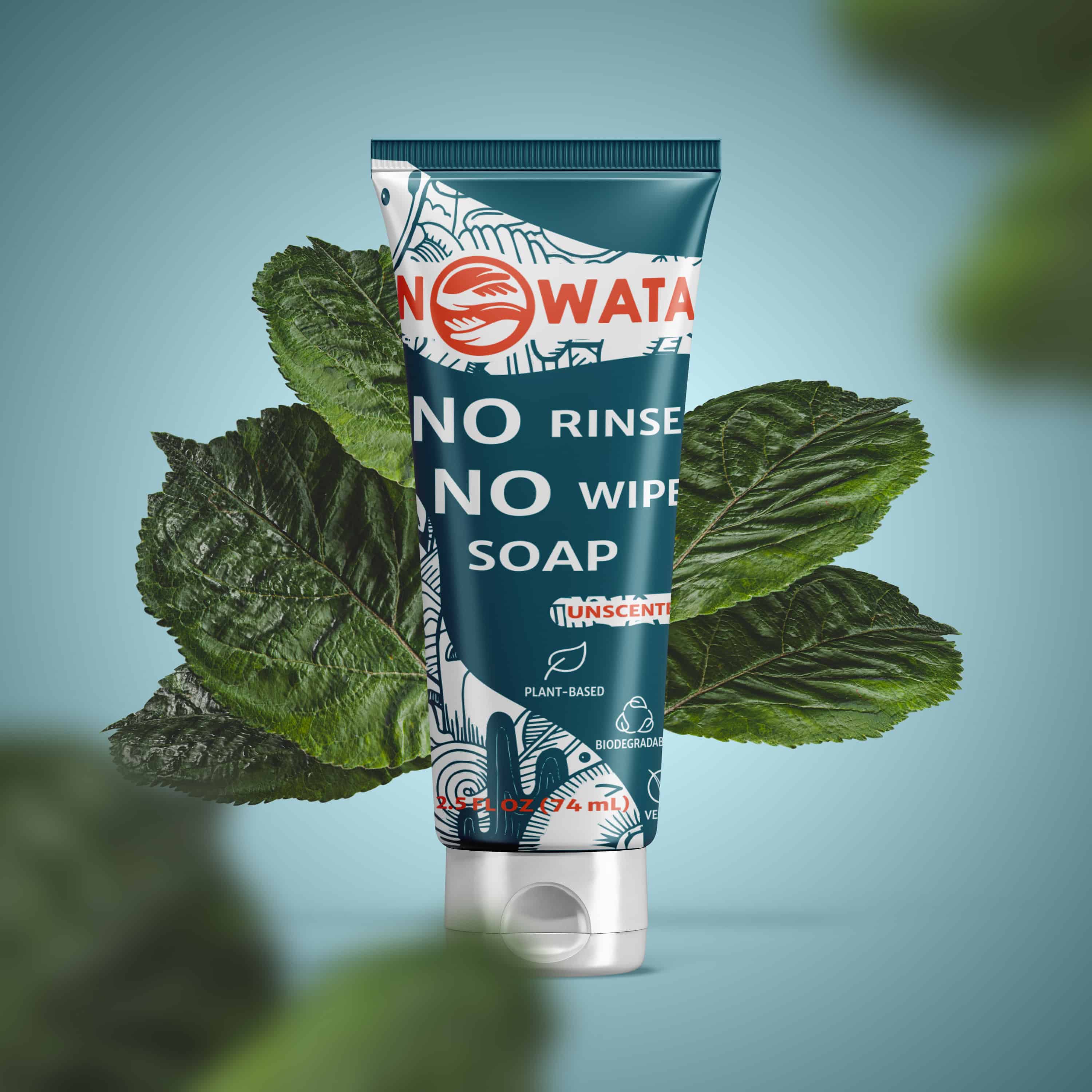 NOWATA soap tube surrounded by leaves