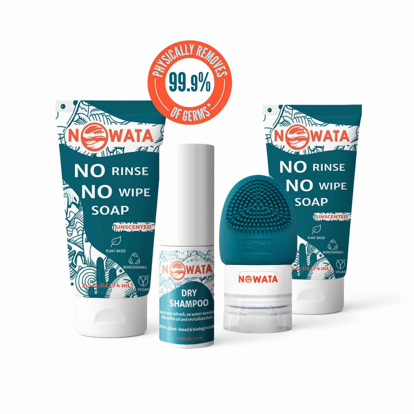 NOWATA sanitizer alternative bundle: two no-rinse, no-wipe soap tubes with “physically removes 99.9% of germs” badge, plus travel dry shampoo and silicone scrubber bottle