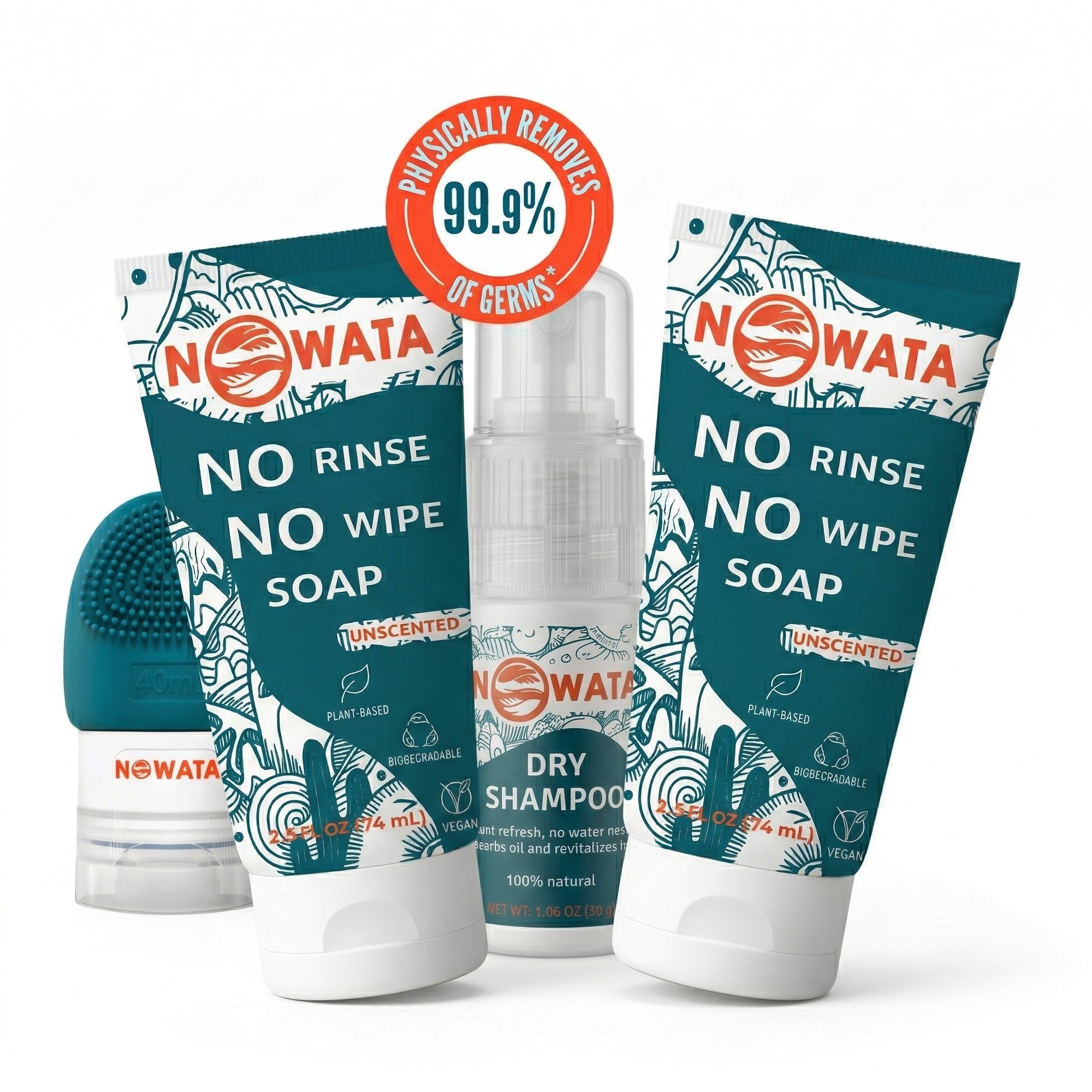 NOWATA sanitizer alternative bundle: two no-rinse, no-wipe soap tubes with “physically removes 99.9% of germs” badge, plus travel dry shampoo and silicone scrubber bottle