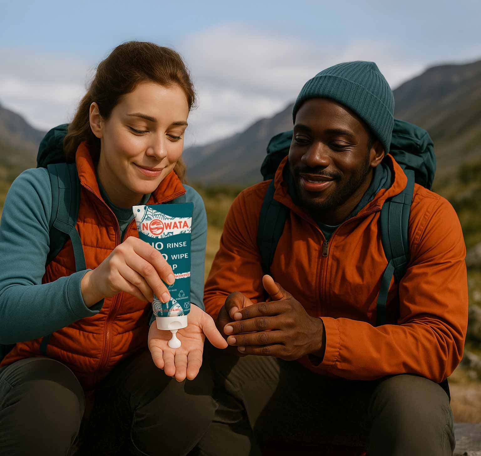 Two hikers using NOWATA rinse-free soap on the trail—plant-based sanitizer alternative that physically removes 99% of germs when no sink is available