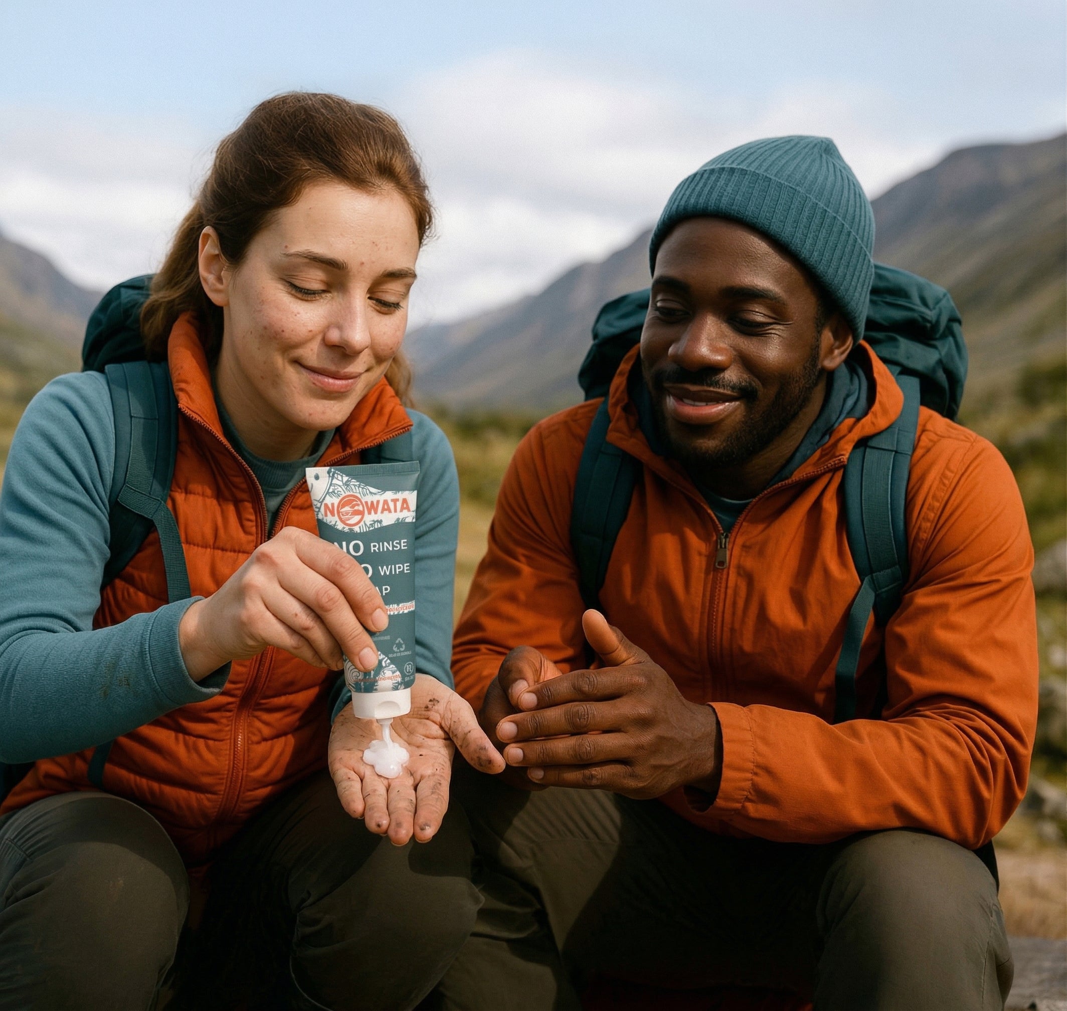 Two hikers using NOWATA rinse-free soap on the trail—plant-based sanitizer alternative that physically removes 99% of germs when no sink is available