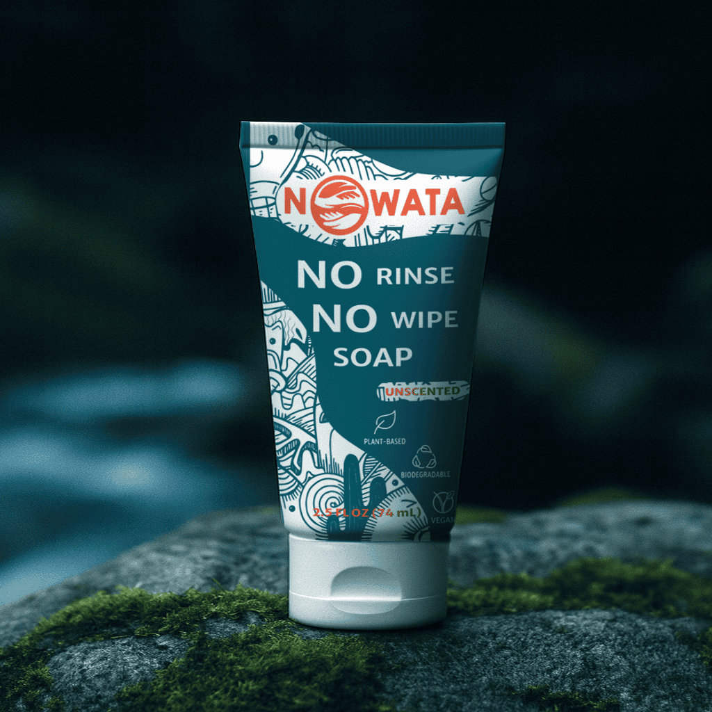 Sanitizer alternative for the outdoors — NOWATA rinse-free soap tube on a mossy rock by a stream; plant-based, biodegradable formula cleans hands without water or wipes