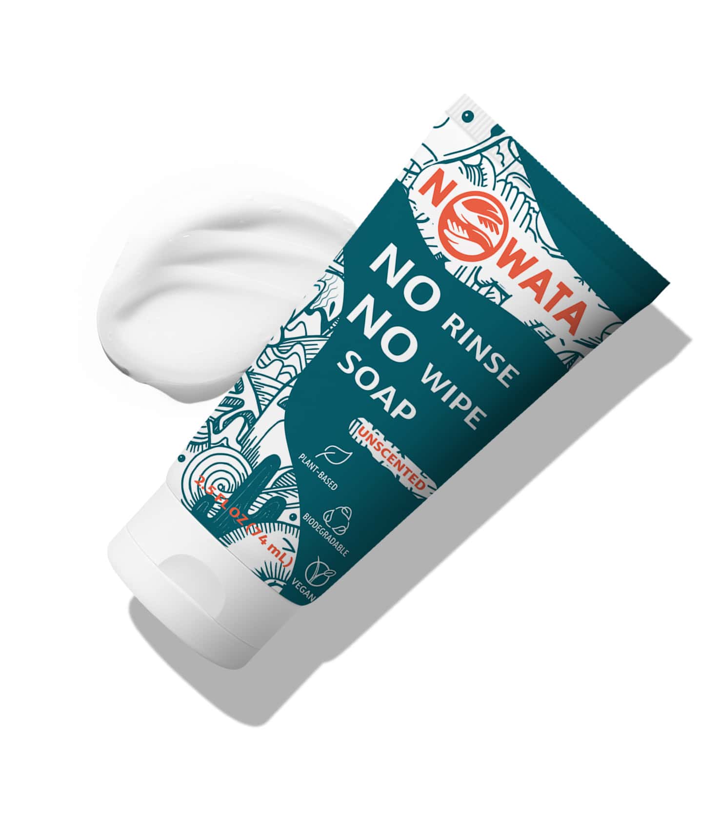 Sanitizer alternative — NOWATA rinse-free soap tube with product swatch; plant-based, biodegradable formula that physically removes 99% of germs without water