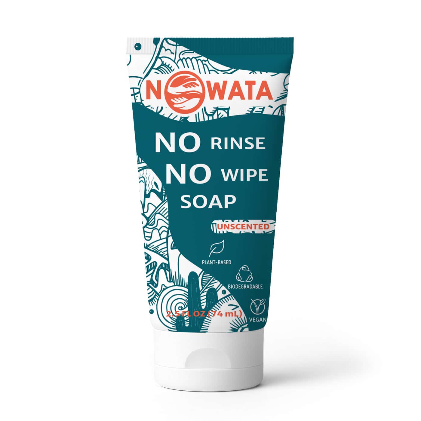 Sanitizer alternative — NOWATA rinse-free soap tube (unscented); plant-based, biodegradable formula that physically removes 99% of germs without water; lab-tested vs. a norovirus surrogate and e.coli