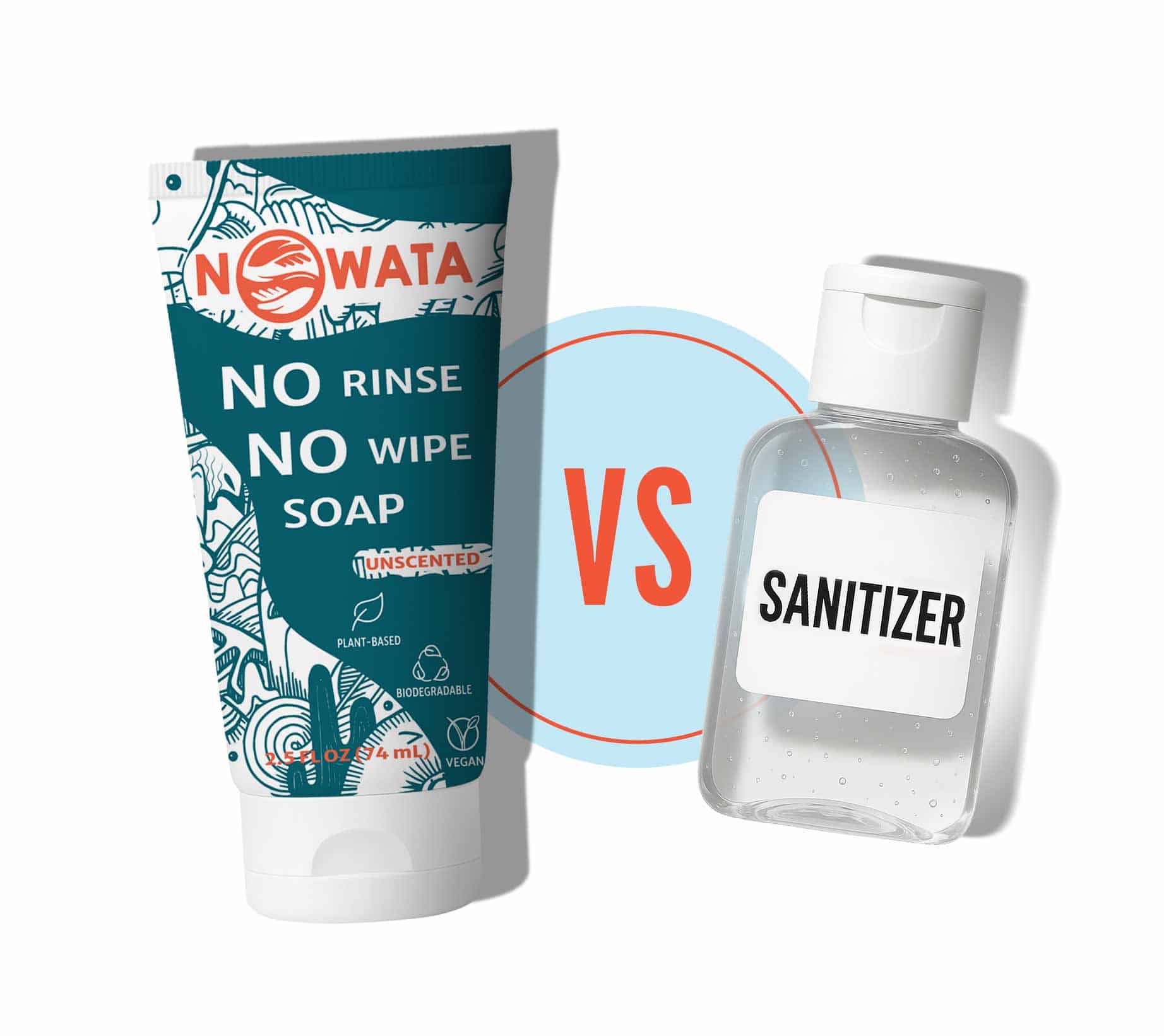 NOWATA rinse-free soap tube vs alcohol hand sanitizer bottle—sanitizer alternative that physically removes 99% of germs without water; lab-tested